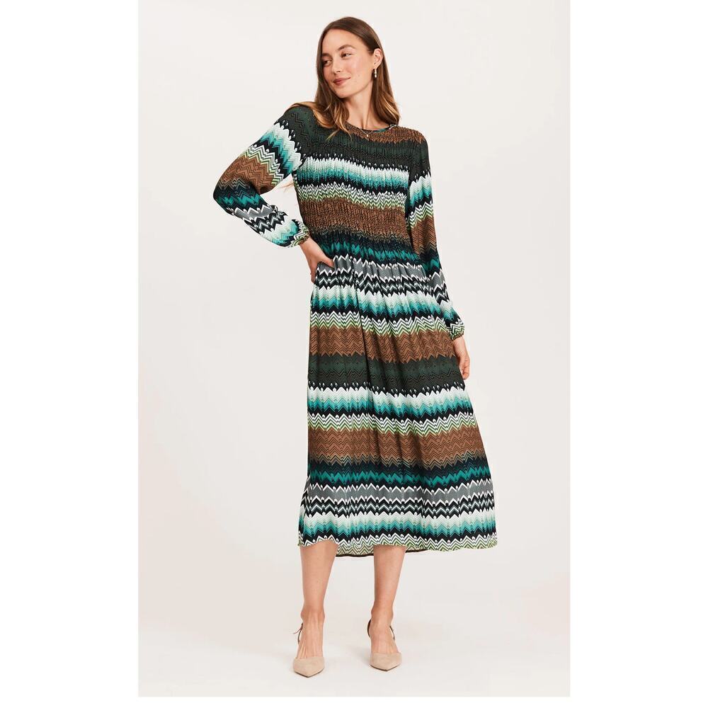 Tyler Boë Taylor Chevron Midi Long Sleeve 100% Viscose Flowy Smocked Dress XS